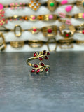 Bague dorée ajustable branches et feuilles bordeaux